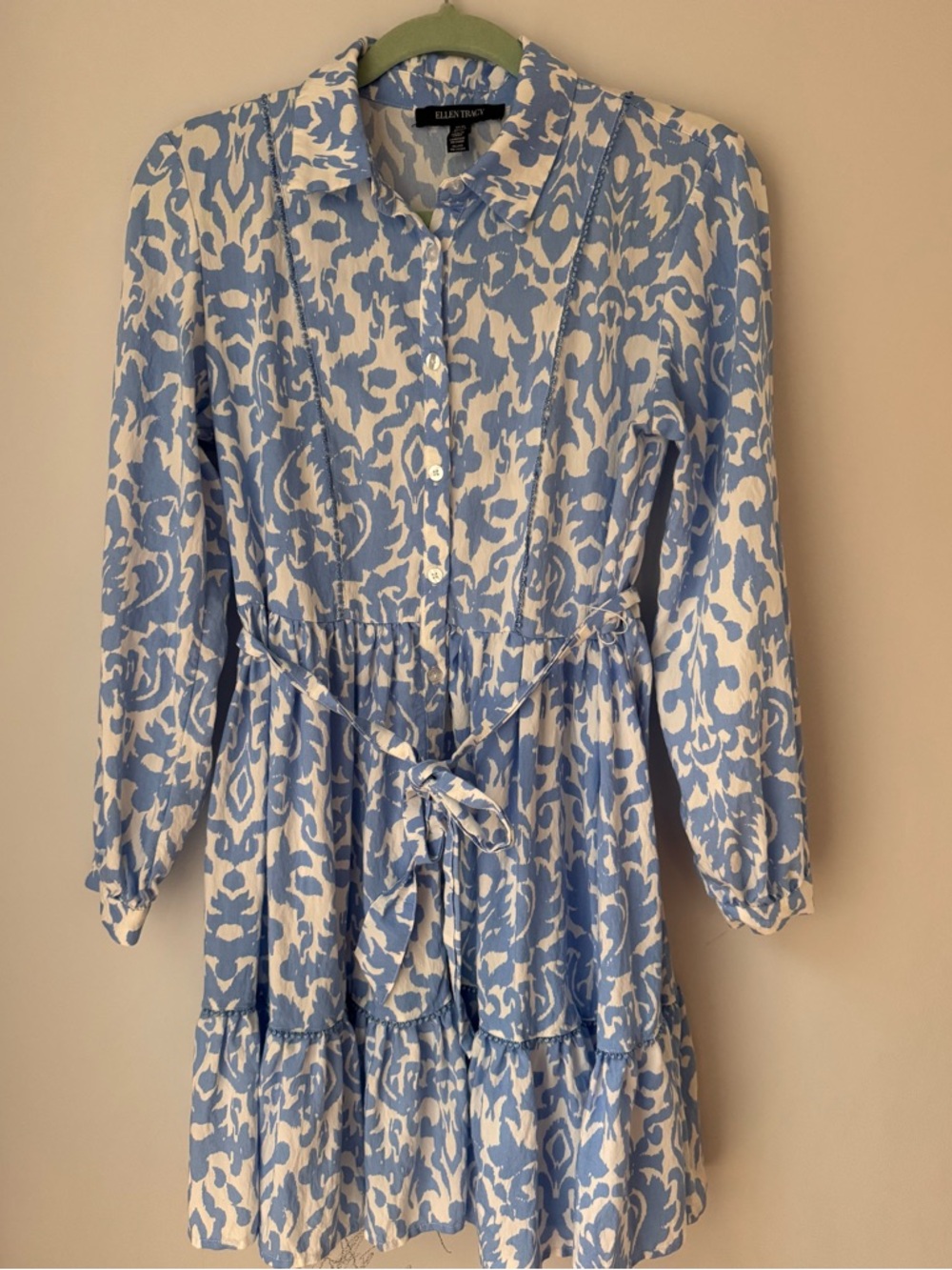 Ellen Tracy Blue and White Printed Tie-Waist Shirt Dress LNWOT